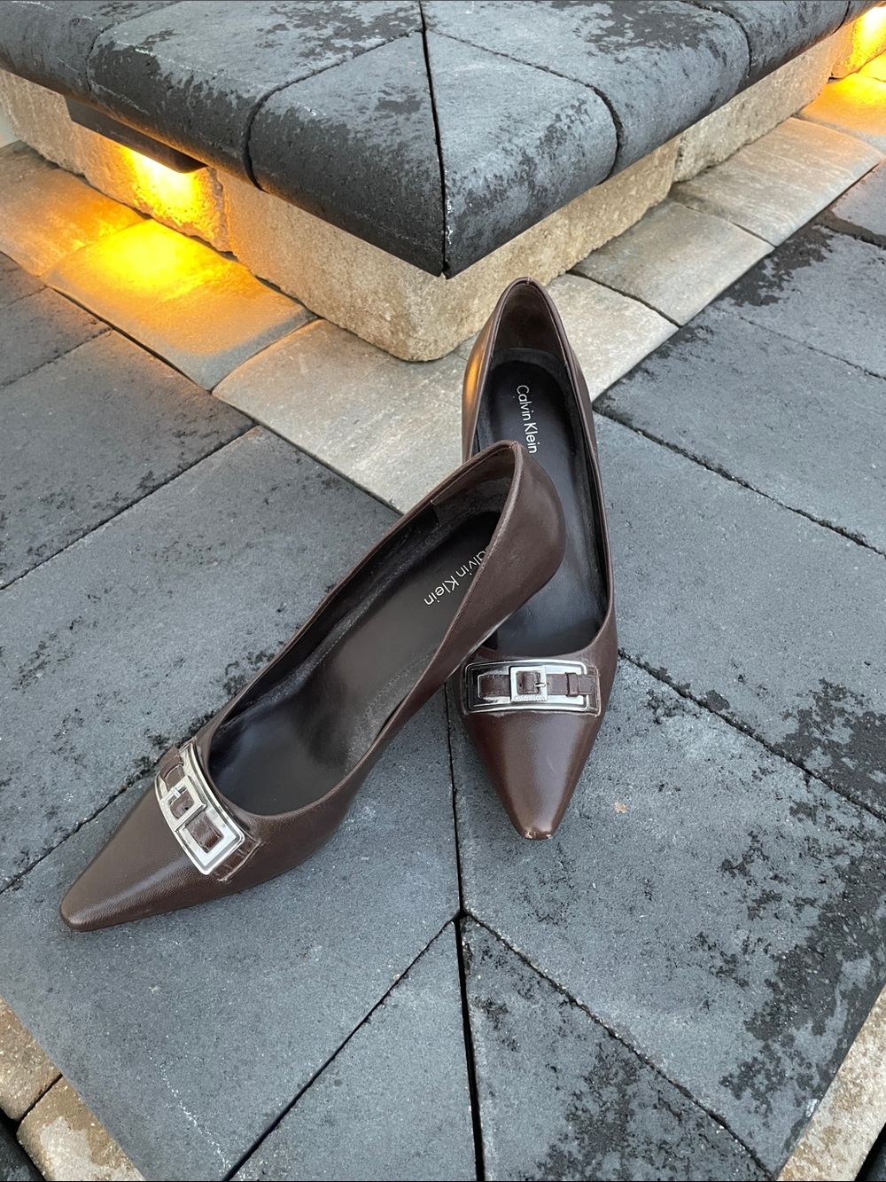 Calvin Klein Dark Brown Pointed Toe Pumps with Silver Accent - Size 7.5